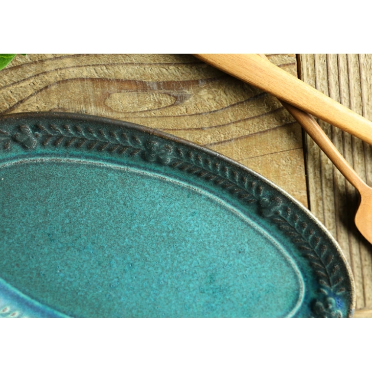 益子焼 ローズマリーの楕円皿 シャビーターコイズ わかさま陶芸 楕円皿 オーバル皿