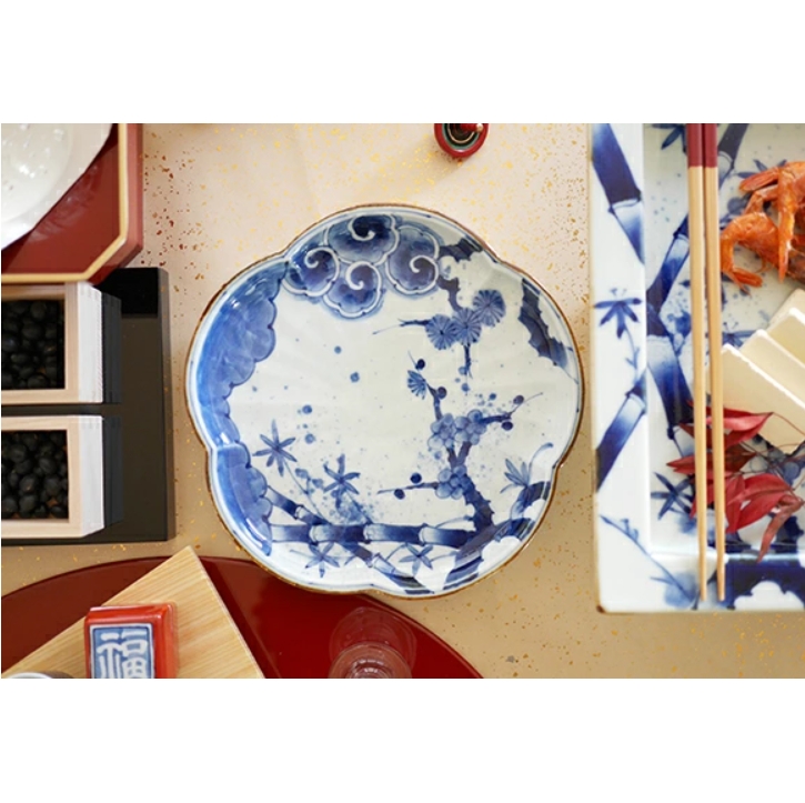 有田焼 福泉窯 有田染付けシリーズ 松竹梅 花型8寸皿