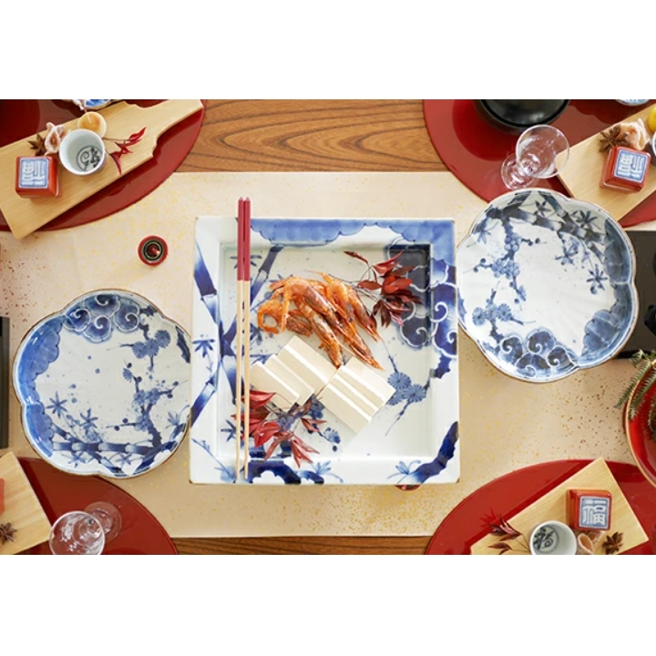 有田焼 福泉窯 有田染付けシリーズ 松竹梅 花型8寸皿