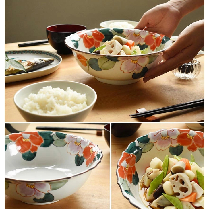 九谷焼 紅白椿 7号鉢 22cm 
