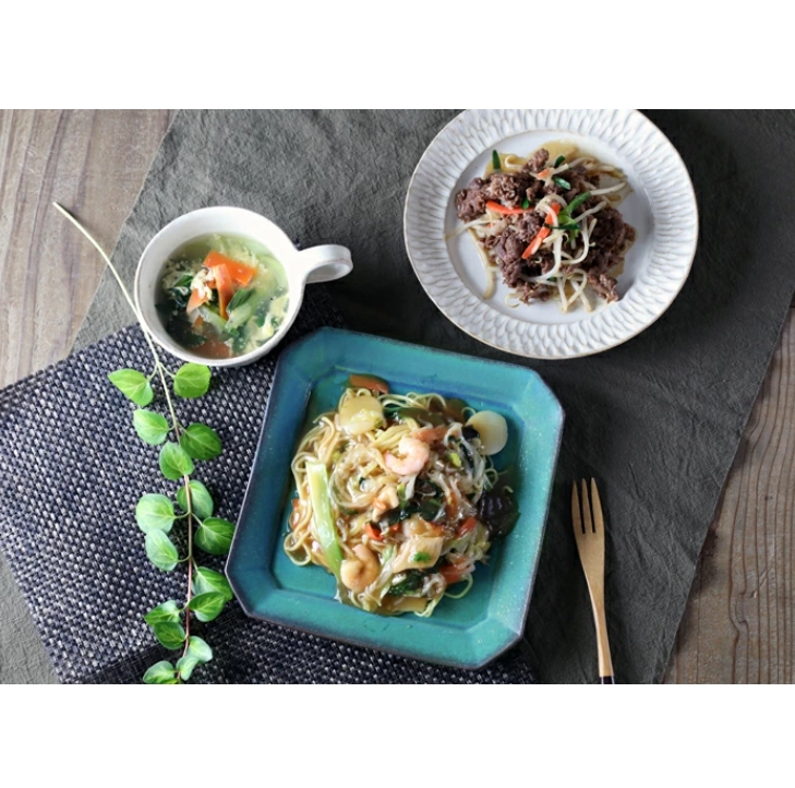 益子焼 八角オードブル皿 シャビーターコイズ スクエア 角皿