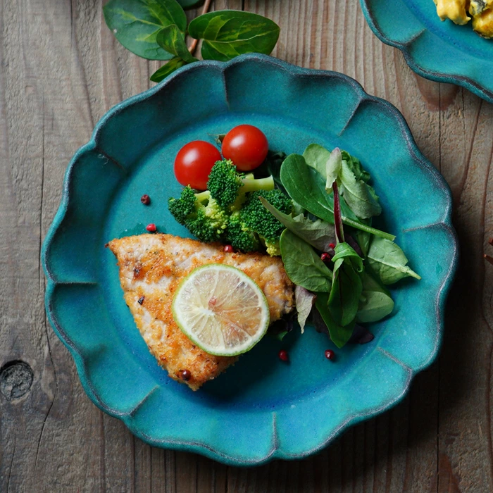 益子焼 ひまわりのお皿 シャビーターコイズ