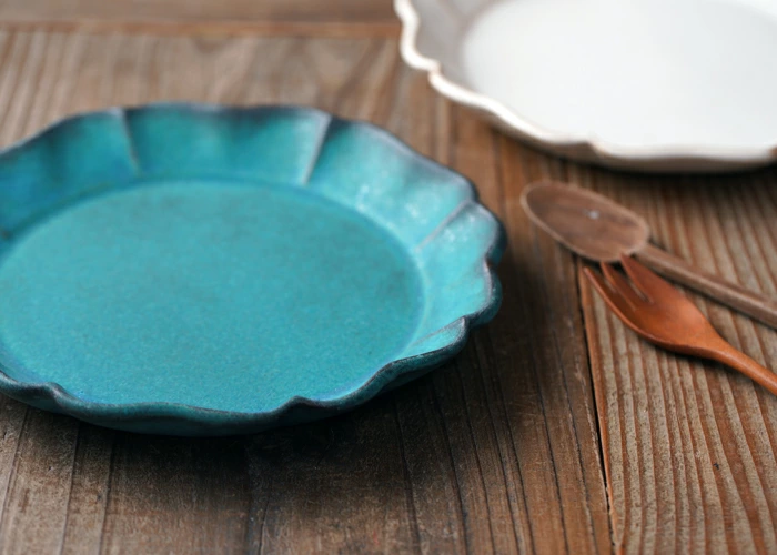 益子焼 ひまわりのお皿 シャビーターコイズ フリル リム皿 中皿