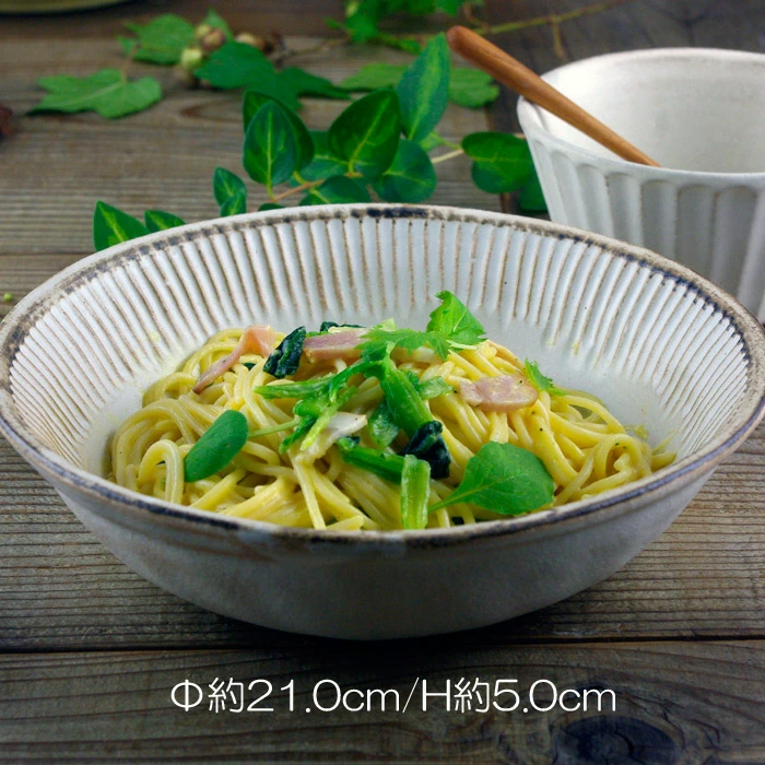 益子焼アンティークスリムライン パスタ皿 (リム付き鉢 リムボウル)