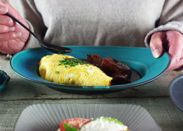 リム皿 楕円(大) シャビーターコイズ 益子焼