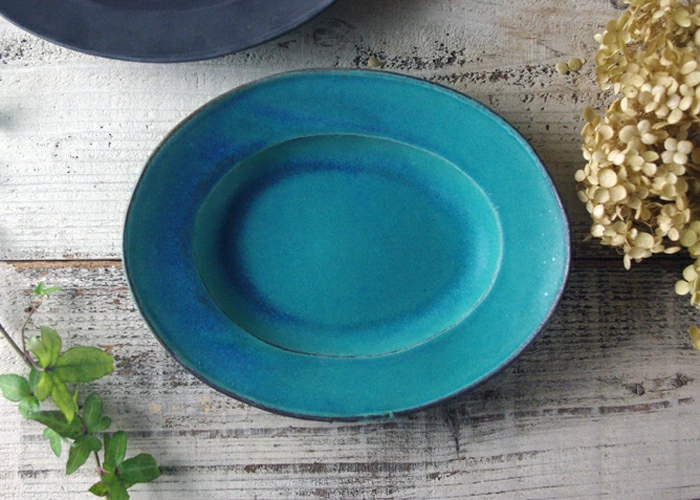 リム皿 楕円(大) シャビーターコイズ 益子焼
