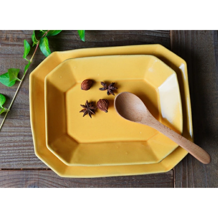 益子焼 ひまわりカラーの八角皿(大)