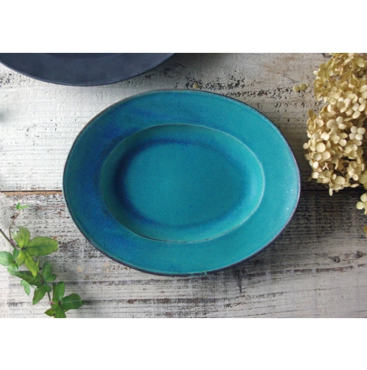リム皿 楕円（大） シャビーターコイズ 益子焼