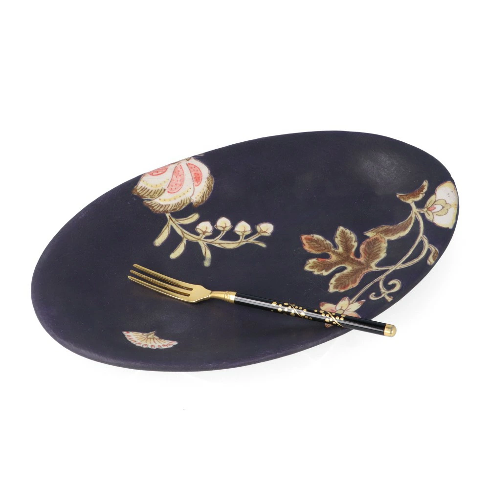 九谷焼 オーバル中皿 夢窓華 濃紺