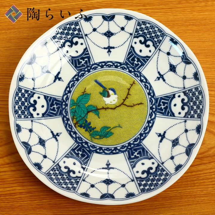 九谷焼 7.5号皿 染付瓔珞文吉田屋風/青郊窯