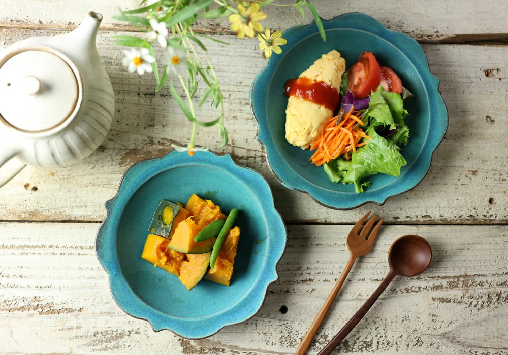 太陽のお皿（大）シャビーターコイズ 益子焼 わかさま陶芸