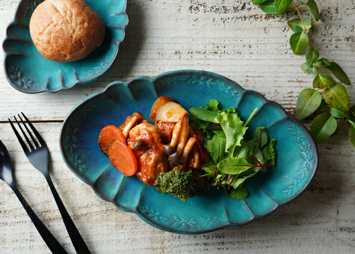 益子焼 ラビエ 浅鉢（大） シャビーターコイズ