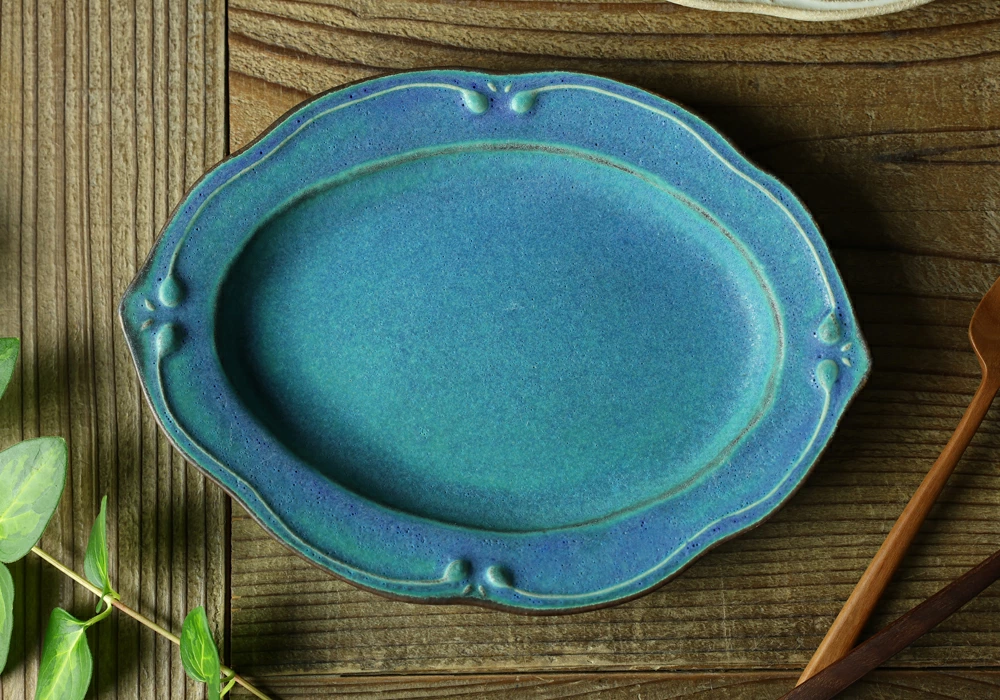 益子焼 洋皿オーバル（小） シャビーターコイズ わかさま陶芸