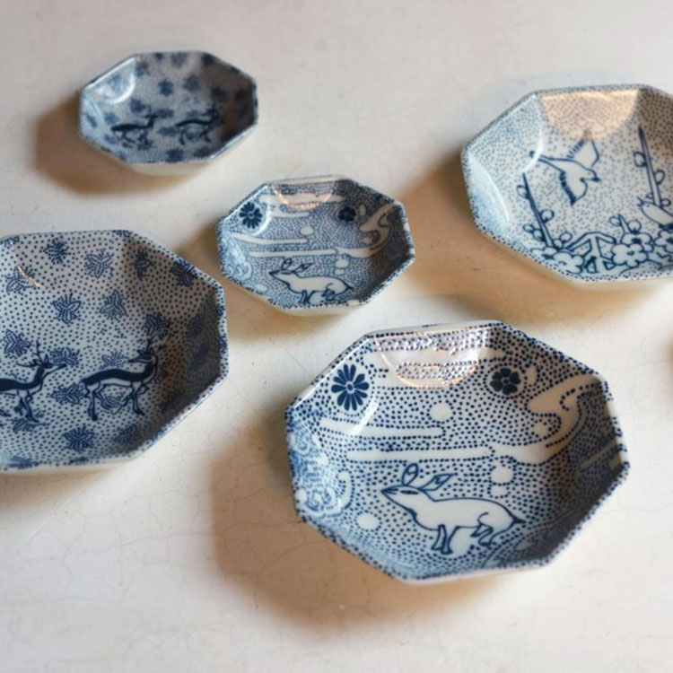 倉敷意匠 Classiky 印判手 八角五寸皿 波兎 93404-01 梅に鶯 93404-02 鹿 93404-03 小皿