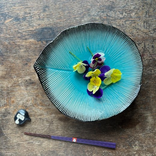 美濃焼 大皿 葉型 トルコブルー 美濃焼