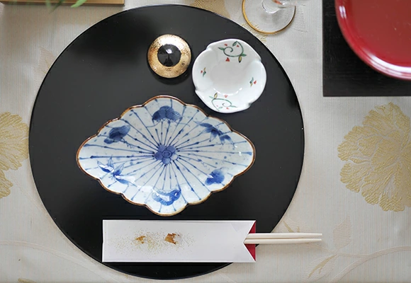 有田染付けシリーズ　十草松竹梅　菱型菊割向付